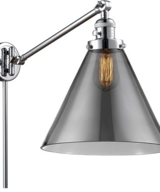 X-Large Cone 1 Light Swing Arm or Wall Lamp, Polished Chrome, Plated Smoke Glass