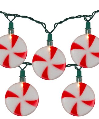 10 Count Peppermint Shaped Christmas Light Set 6ft Green Wire