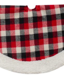 20" Red Black and Ivory Plaid Mini Christmas Tree Skirt with Sherpa Trim